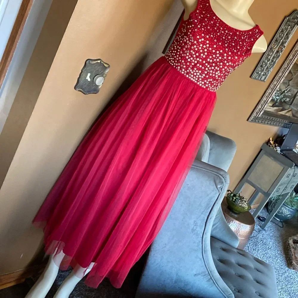 GirlsโRed Beaded Sheer Dress sz 16โembellished